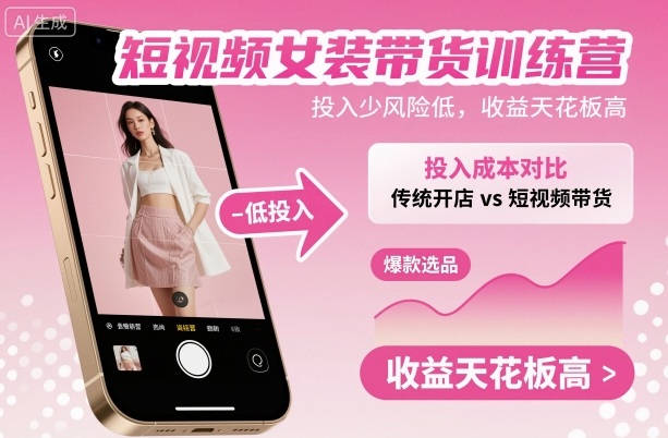 短视频女装带货训练营,投入少风险低,收益天花板高-靠谱项目库