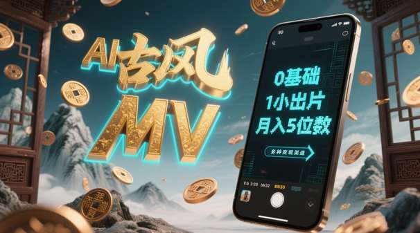 AI一键生成古风音乐MV，0剪辑基础1小时出片，多种变现渠道，一部手机月入5位数-靠谱项目库