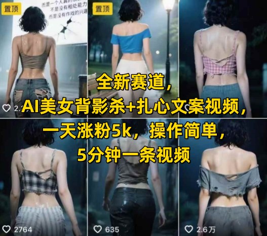 全新赛道,AI美女背影杀+扎心文案视频,一天涨粉5k,操作简单,5分钟一条视频-靠谱项目库