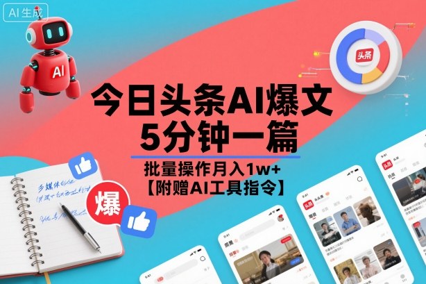 今日头条AI爆文，5分钟一篇，批量操作月入1w+【附赠AI工具指令】-靠谱项目库