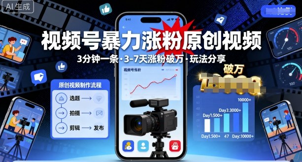 视频号暴力涨粉原创视频,3分钟一条原创视频,3-7天涨粉破万,玩法分享给你-靠谱项目库
