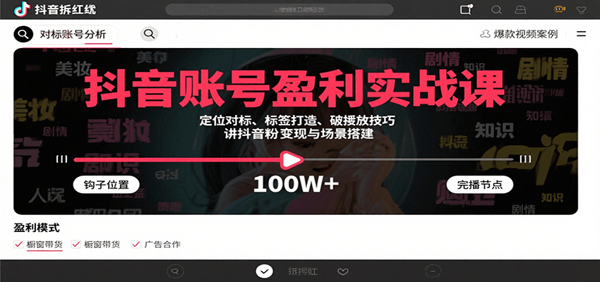 抖音账号盈利实战课，定位对标、标签打造、破播放技巧，讲涨粉变现与场景搭建-靠谱项目库