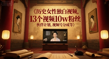 历史女性独白视频，13个视频10w粉丝，伙伴计划，视频号分成等-靠谱项目库