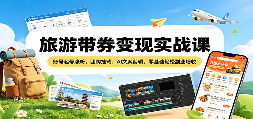 旅游带券变现实战课:账号起号涨粉,团购挂载,AI文案剪辑,零基础轻松副业增收-靠谱项目库