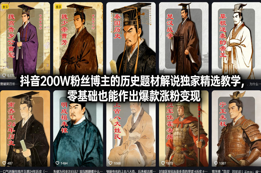 抖音200W粉丝博主的历史题材解说独家精选教学，零基础也能作出爆款涨粉变现-靠谱项目库