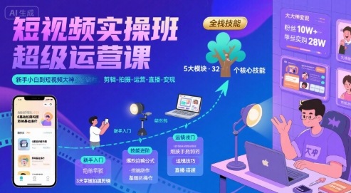 短视频实操班超级运营课，新手小白到短视频大神必修课程，剪辑-拍摄-运营-直播-变现-靠谱项目库