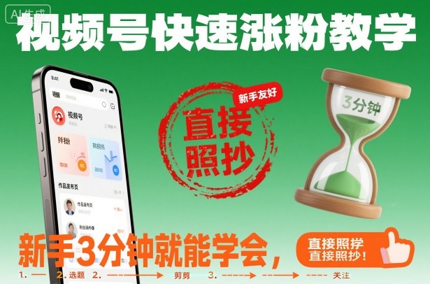 视频号快速涨粉教学，新手3分钟就能学会，直接照抄！-靠谱项目库