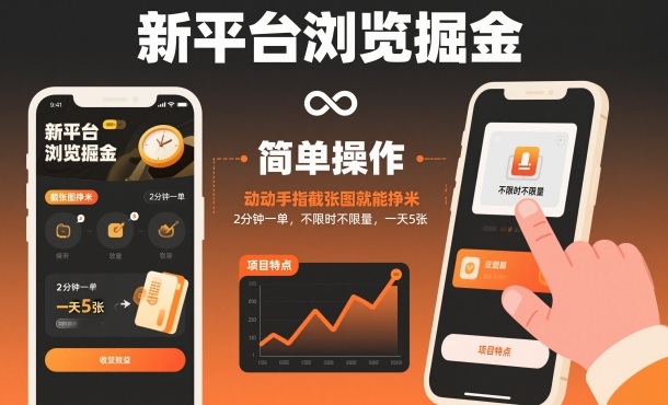 新平台浏览掘金，动动手指截张图就能挣米，2分钟一单，不限时不限量，一天5张【揭秘】-靠谱项目库