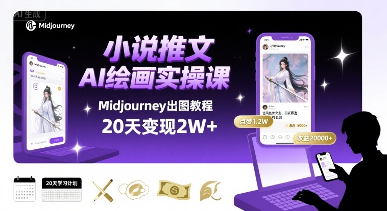 小说推文干货分享之AI绘画MJ出图实操课，用Midjourney做小说推文，20天挣2w-靠谱项目库