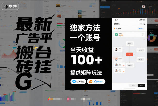 最新广告平台搬砖挂G，独家方法，一个账号，当天收益100+，提供矩阵玩法【揭秘】-靠谱项目库