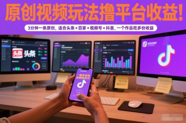 原创视频玩法撸平台收益，3分钟一条原创，适合头条+百家+视频号+抖音，一个作品吃多份收益-靠谱项目库