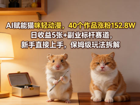 AI赋能猫咪轻动漫，40个作品涨粉152.8W，日收益5张+副业标杆赛道，新手直接上手，保姆级玩法拆解-靠谱项目库