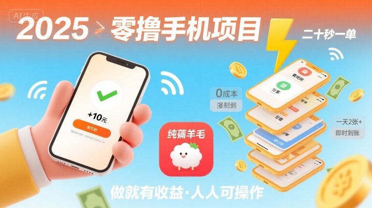 2025年零撸手机项目,二十秒一单,纯薅羊毛 一天2张+做就有-靠谱项目库