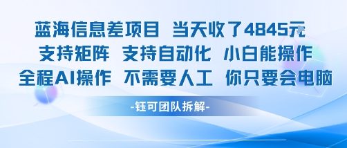 蓝海信息差项目当天收米1k+ 支持矩阵支持自动化小白能操作全程AI操作不需要人工你只要会电脑-靠谱项目库
