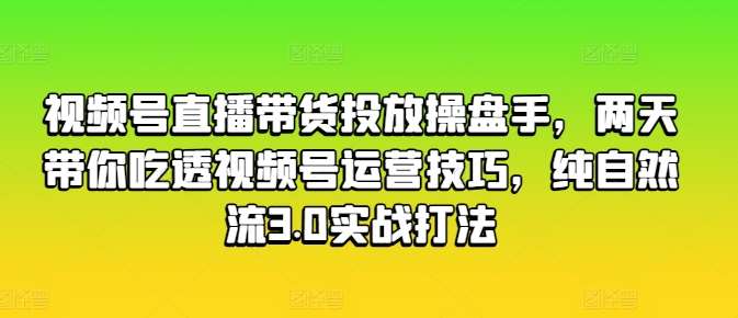视频号直播带货投放操盘手，两天带你吃透视频号运营技巧，纯自然流3.0实战打法-靠谱项目库