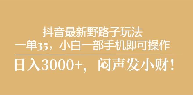 抖音最新野路子玩法，一单35，小白一部手机即可操作，，日入3000+，闷…-靠谱项目库
