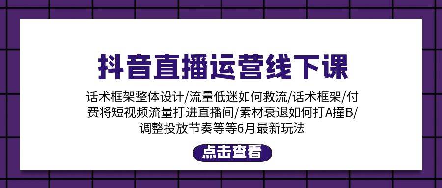 抖音直播运营线下课：话术框架/付费流量直播间/素材A撞B/等6月新玩法-靠谱项目库