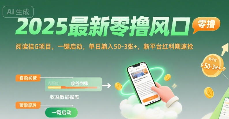 2025最新零撸风口,阅读挂G项目,一键启动,单日躺入 50-3张+,新平台红利期速抢【揭秘】-靠谱项目库
