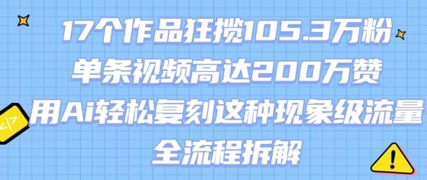 17个作品狂揽105.3W粉,单条视频高达200W赞,用Ai轻松复刻这种现象级流量!(全流程拆解)-靠谱项目库