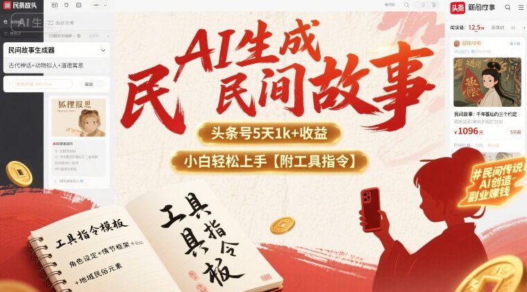 AI生成民间故事，头条号5天1k+，小白轻松上手【附工具指令】-靠谱项目库