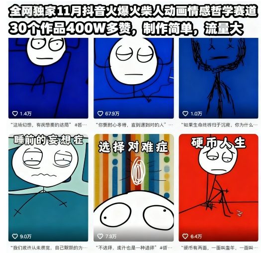 全网独家11月抖音火爆火柴人动画情感哲学赛道，30个作品400W多赞，制作简单，流量大【教学+素材】-靠谱项目库