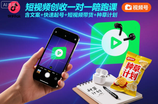 短视频创收一对一陪跑课，含文案+快速起号+短视频带货+种草计划-靠谱项目库