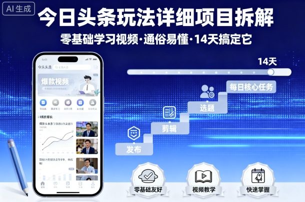 今日头条玩法详细项目拆解，零基础学习视频 通俗易懂 14天搞定它-靠谱项目库