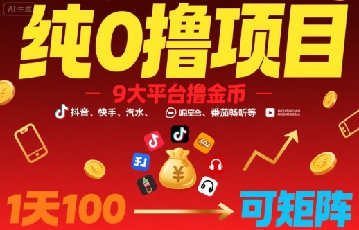 纯0撸项目,9大平台撸金币,抖音,快手,汽水,番茄畅听等,1天100,可矩阵-靠谱项目库