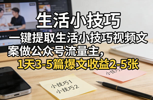 一键提取生活小技巧视频文案做公众号流量主，1天3-5篇爆文收益2-5张-靠谱项目库