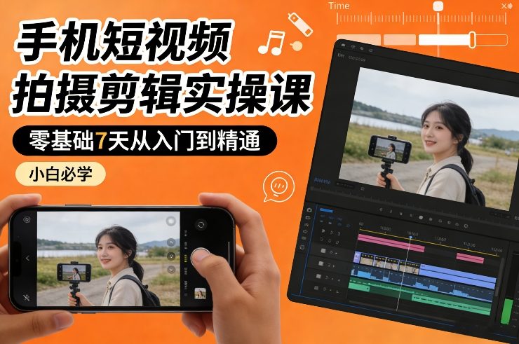 手机短视频拍摄剪辑实操课，零基础7天从入门到精通，小白必学-靠谱项目库