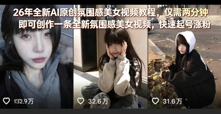26年全新AI原创氛围感美女视频教程，仅需两分钟即可创作一条全新氛围感美女视频，快速起号涨粉-靠谱项目库