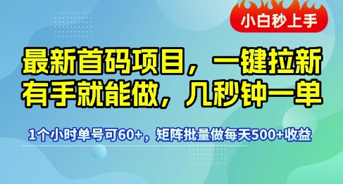最新首码项目，一键拉新有手就能做，几秒钟一单，1个小时单号可60+，矩阵批量做每天5张【揭秘】-靠谱项目库