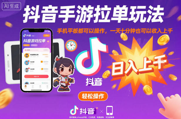 抖音手游拉单玩法，手机平板都可以操作，一天十分钟也可以收入上K【揭秘】-靠谱项目库