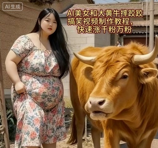 AI美女和大黄牛摔跤搞笑荒诞视频制作教程,快速涨千粉万粉-靠谱项目库