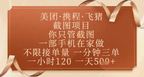 飞猪美团截图项目，你只管截图，一部手机在家做，正规平台无套路，一天5张+【揭秘】-靠谱项目库