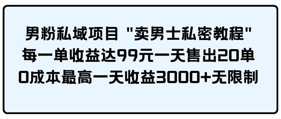 (9730期)男粉私域项目 “卖男士私密教程” 每一单收益达99元一天售出20单-靠谱项目库