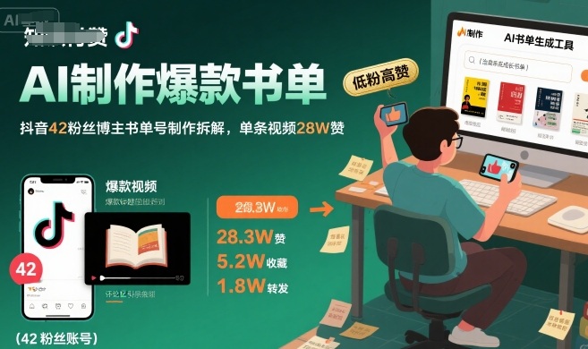 AI制作爆款书单，抖音42粉丝博主书单号制作拆解，单条视频28W赞-靠谱项目库