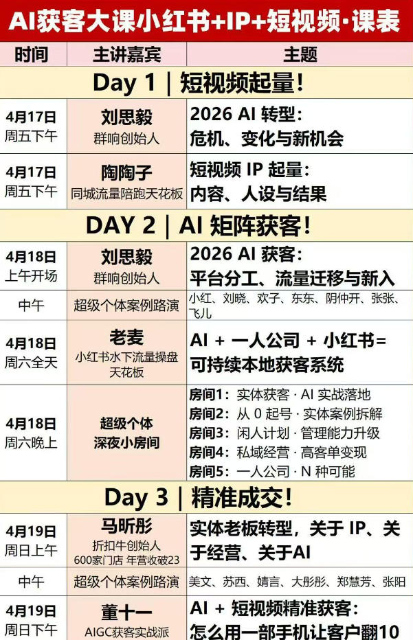 图片[2]-AI获客大课小红书+IP+短视频3天2夜线下课，用最真实的一线案例，最前沿的AI工具，最有效的流量打法-靠谱项目库