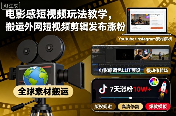 电影感短视频玩法教学,搬运外网短视频剪辑发布涨粉-靠谱项目库