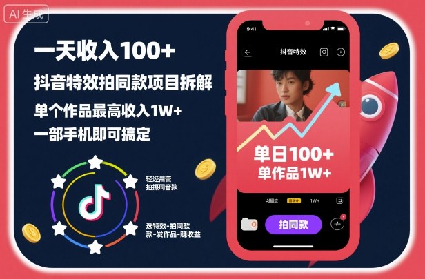 一天收入100+,抖音特效拍同款项目拆解,单个作品最高收入1W+,一部手机即可搞定-靠谱项目库