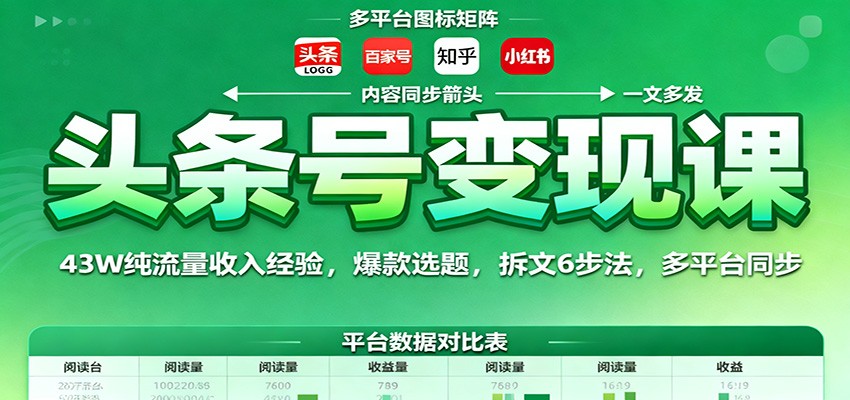 头条号变现课：43W纯流量收入经验，爆款选题，拆文6步法，多平台同步-靠谱项目库