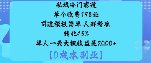 私域冷门赛道:单个收费198米引流模板简单人群精准转化45%单人一天大概收益是1k+-靠谱项目库