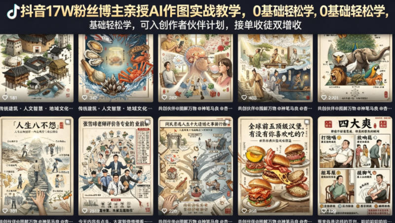 抖音17W粉丝博主亲授AI作图实战教学,0基础轻松学,可入创作者伙伴计划,接单收徒双增收-靠谱项目库