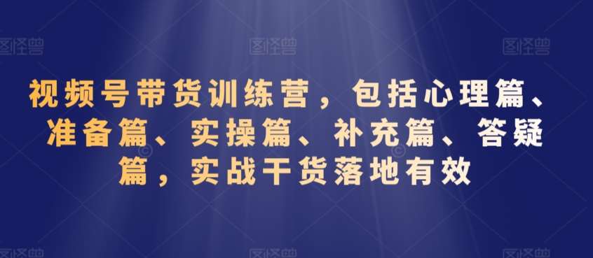 视频号带货训练营，包括心理篇、准备篇、实操篇、补充篇、答疑篇，实战干货落地有效-靠谱项目库
