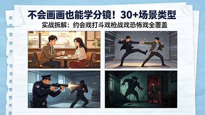 （18591期）不会画画也能学分镜！30+场景类型实战拆解：约会戏打斗戏枪战戏恐怖戏全覆盖-靠谱项目库