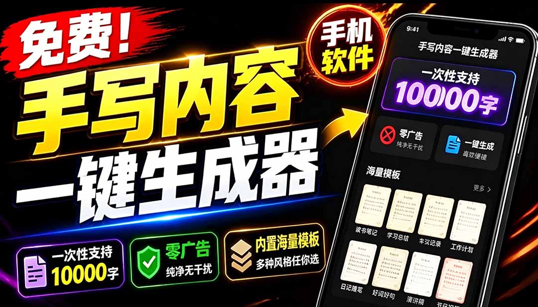 （18667期）超逼真手写字体一键生成器，纯免费离线运行，一次性支持10000字，零广告，内置海量模板-靠谱项目库