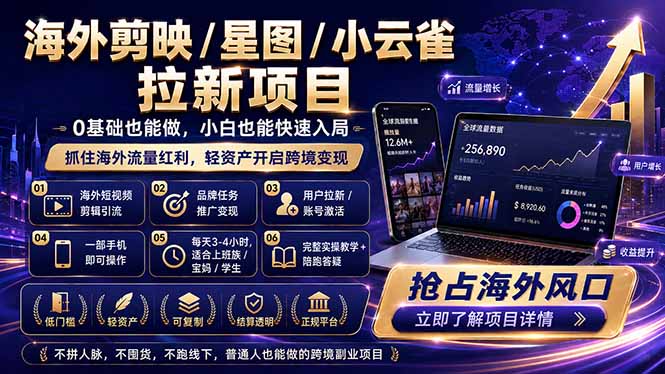 （18567期）海外剪映 / 星图 / 小云雀拉新项目 普通人也能上手的跨境流量变现副业-靠谱项目库