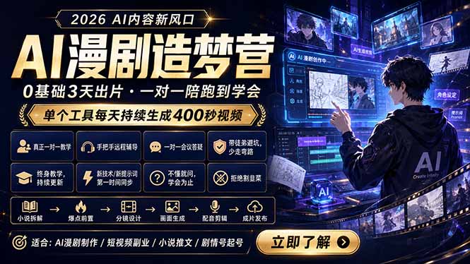 （18568期）AI漫剧造梦营：0基础3天出片，单个工具每天持续生成400秒视频-靠谱项目库