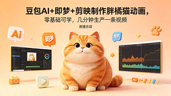 (18431期)豆包AI+即梦+剪映制作胖橘猫动画,零基础可学,几分钟生产一条视频,附提示词-靠谱项目库