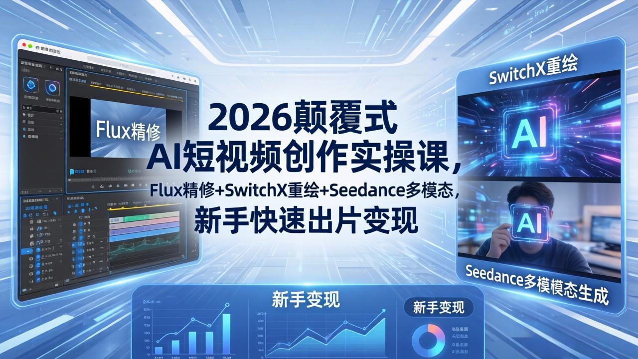 （18449期）2026颠覆式 AI短视频创作课-5月更新，Flux精修+SwitchX重绘+Seedance多模态，新手快速出片变现-靠谱项目库